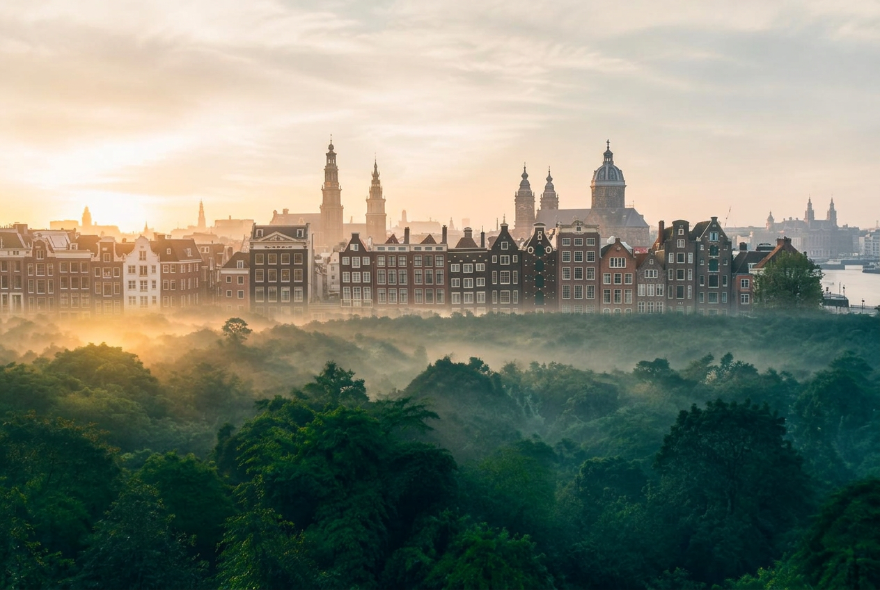 Amsterdam canal houses rising above a misty forest canopy at sunrise